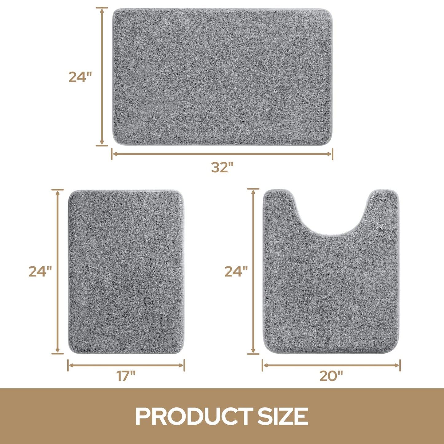 HOMEIDEAS Upgraded Bathroom Rugs Set 3 Piece, Ultra Soft Memory Foam Bath Mats, Super Absorbent Non Slip Washable U-Shaped Toilet Bath Rug (Grey, 17"x24"+20"x32"+U-Shaped 20"x24")