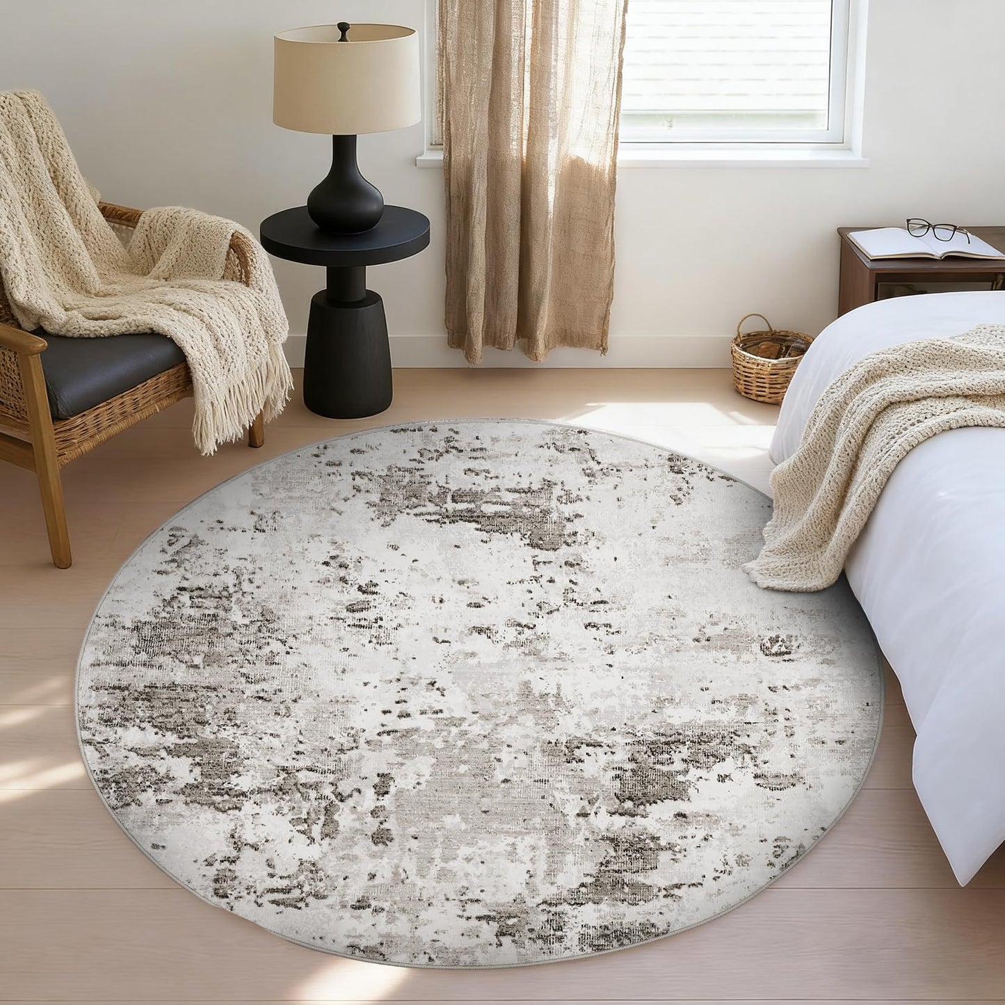ROYHOME Modern Abstract 6x6 Round Area Rug Non Slip Non Shedding Rug Low Pile Stain Resistant for Bedroom Living Room Office Dining Room,Taupe/Beige