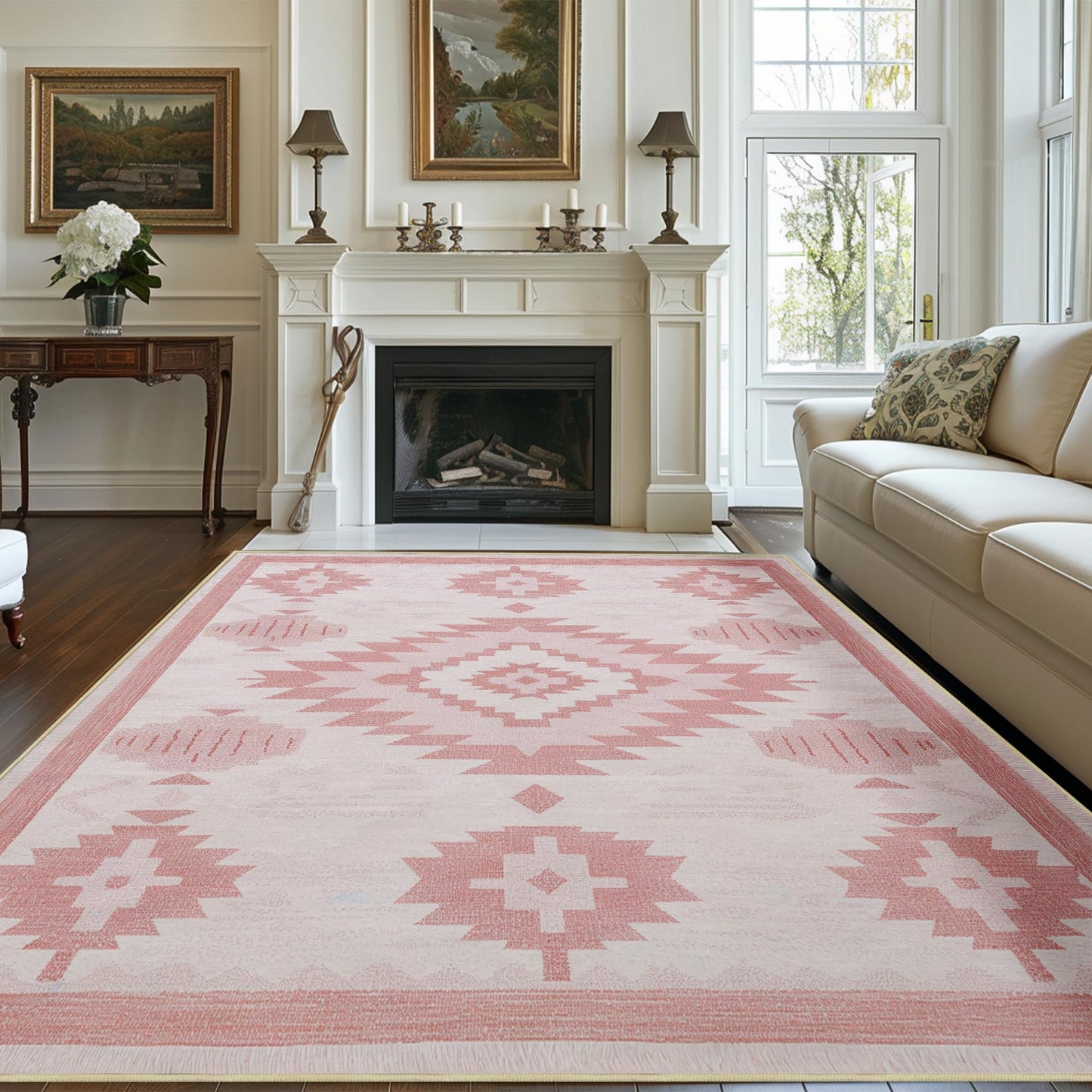 Area Rug 6x9 Living Room Western Rug Aztec Southwestern Rugs Machine Washable Tribal Navajo Southwest Rug Non Slip Printed Low-Pile Indoor Floor Carpet for Dining Room Bedroom Office, Pink