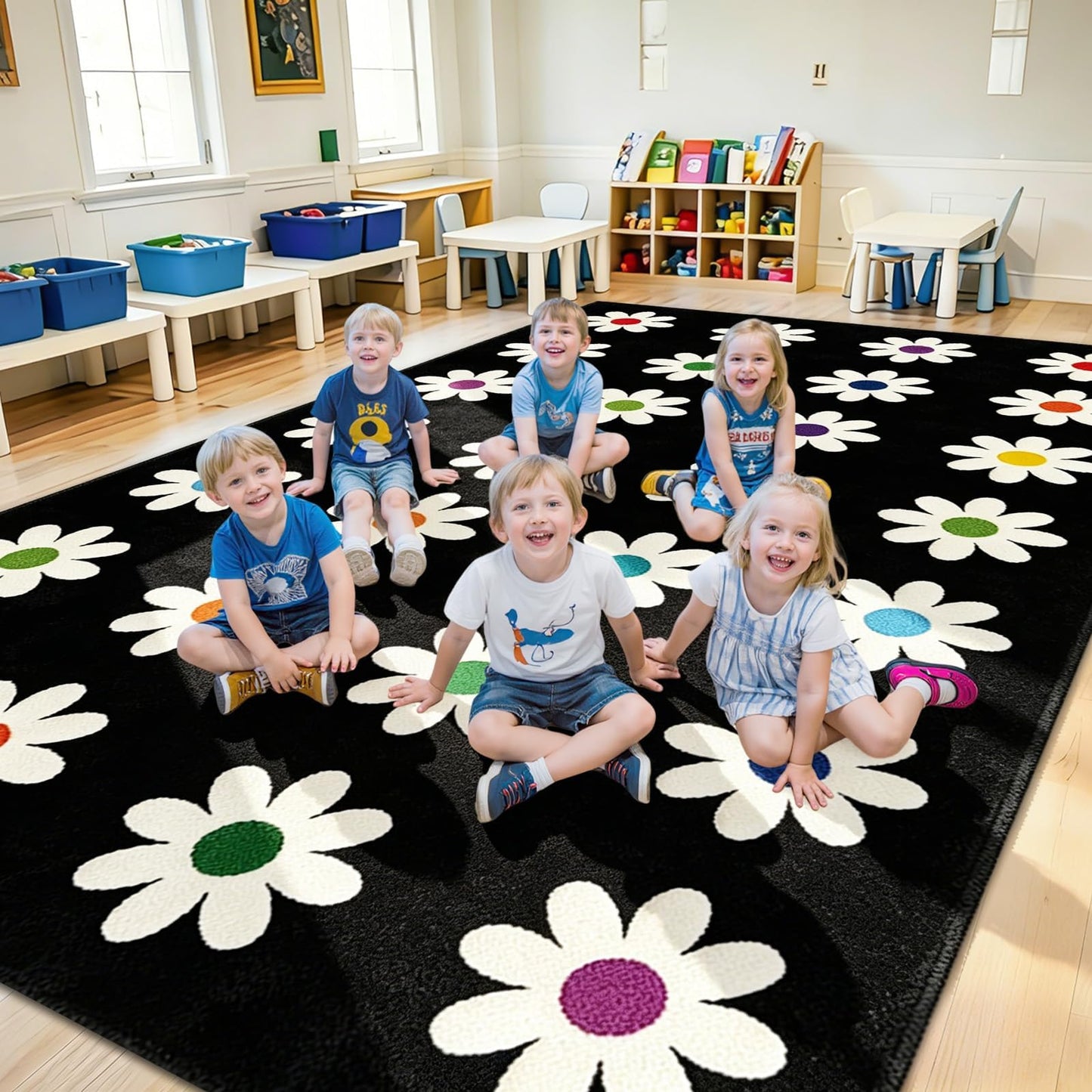 7.6x12 ft Large Daisies on Black Classroom Rug Daisy Educational Area Mat Daisy Flowers Multicolor Play Carpet Educational Classroom Learning Mat for Preschool Playroom Elementary Kindergarten(Black)