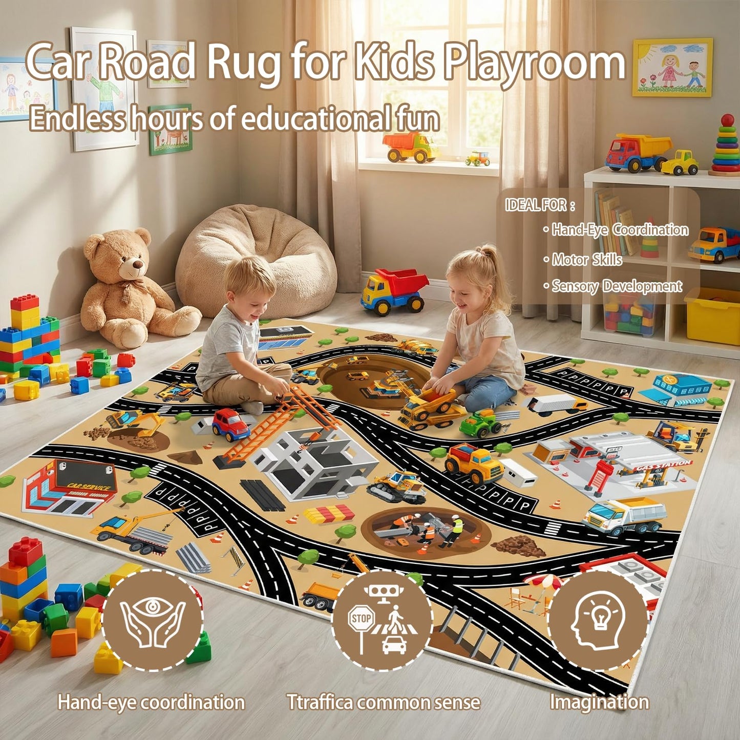 5x7 Ft Construction Site Car Rug Play Mat, Faux Wool Kids Rugs Engineering Car Playmat for Children Toddler, Non Slip City Road Trucks Rug Washable Carpet for Boy Playroom Bedroom Nursery