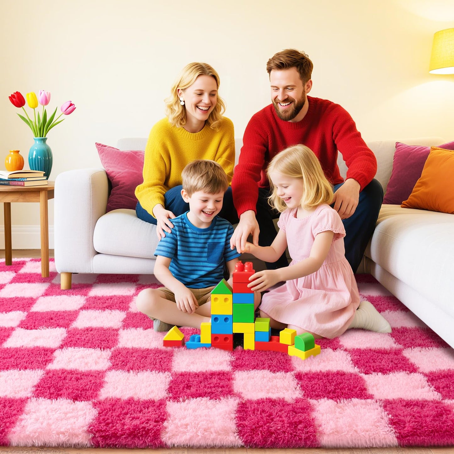 Quntue Checkered Rugs for Bedroom, 4x6 Ultra Fluffy Fuzzy Shag Area Rug for Living Room, Modern Plush Soft Upgrade Non-Slip Carpet for Girls and Kids Room Dorm Nursery Home Decor, Pink and Hot Pink