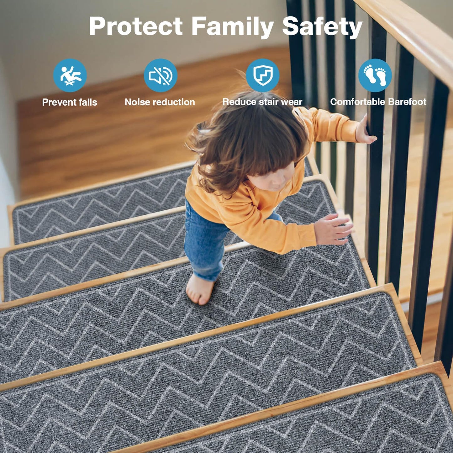DK177 Stair Treads for Wooden Steps, 15 Pack 8"x30" Non-Slip Indoor Carpet Stair Treads with Reusable Polyester TPE Backing for Kids Elders and Pets (Dark Gray, 15PCS)