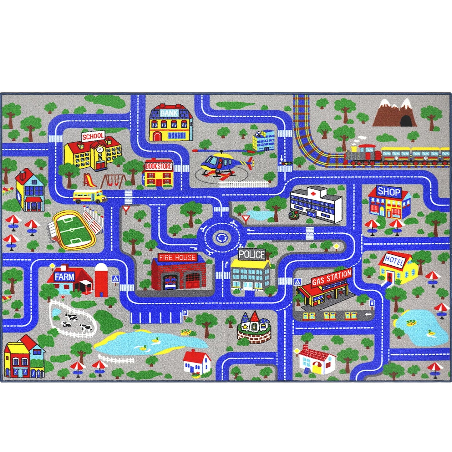 Ythropon Kids Rug Car Play Mat 6.6'x5.0',Blue Kids Rug for Toy Cars,Non-Slip Town City Map Carpet Play Mat,Traffic Road Kid Educational Learning Car Rugs for Children Room Playroom Nursery