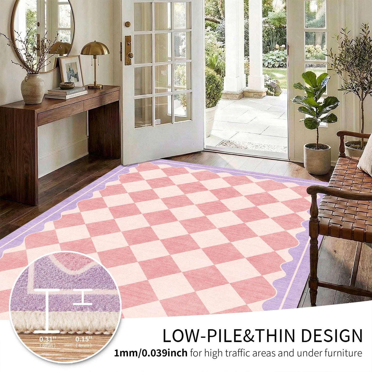 OHWPEAT Pink Purple Checkered Washable 5x7 Area Rug for Living Room, Non Slip Low Pile Cute Rug for Nursery, Soft Indoor Carpet for Bedroom, Kids Nursery, Classroom, Playroom, Kitchen, Dining, Dorm
