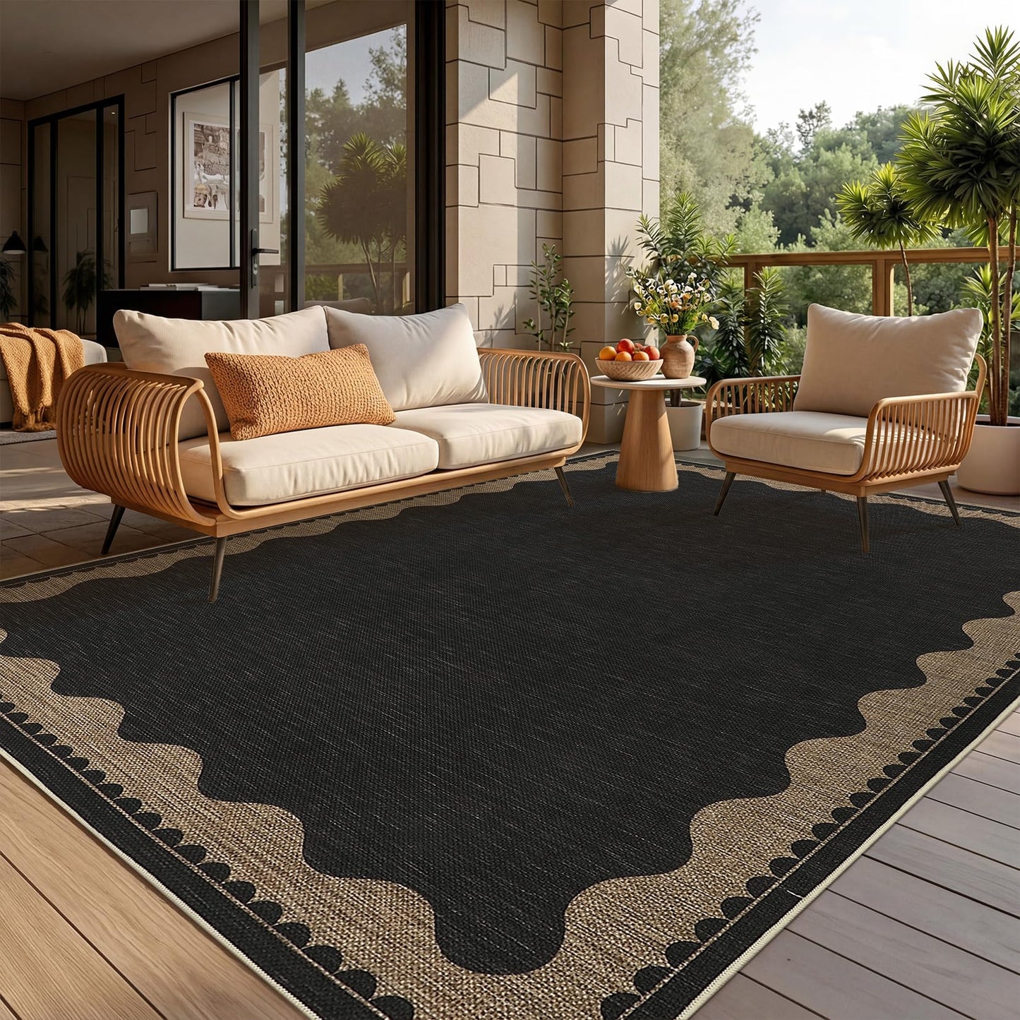Garvee 8x10 Scalloped Easy Jute Area Rugs for Living Room, Modern Border Washable Outdoor Patio Rug with Non Slip Backing, Non Shedding Stain Resistant Mats for Bedroom, Dining Room, Porch, Black