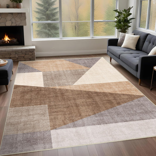 Puino Washable Modern Area Rug: 5x7 Geometric Area Rugs for Living Room & Bedroom with Non-Slip Backing Modern Geometric Carpet for Living Room Brown 5'x7'.