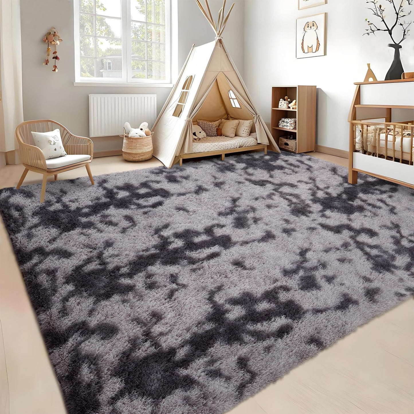 Garvee 6'x9' Large Fluffy Tie-Dye Shaggy Area Rug for Living Room, Soft Fuzzy Plush Rug for Dining Room & Playroom, Aesthetic Carpet, Non-Shedding, Machine Washable, Tie-Dyed Dark Grey