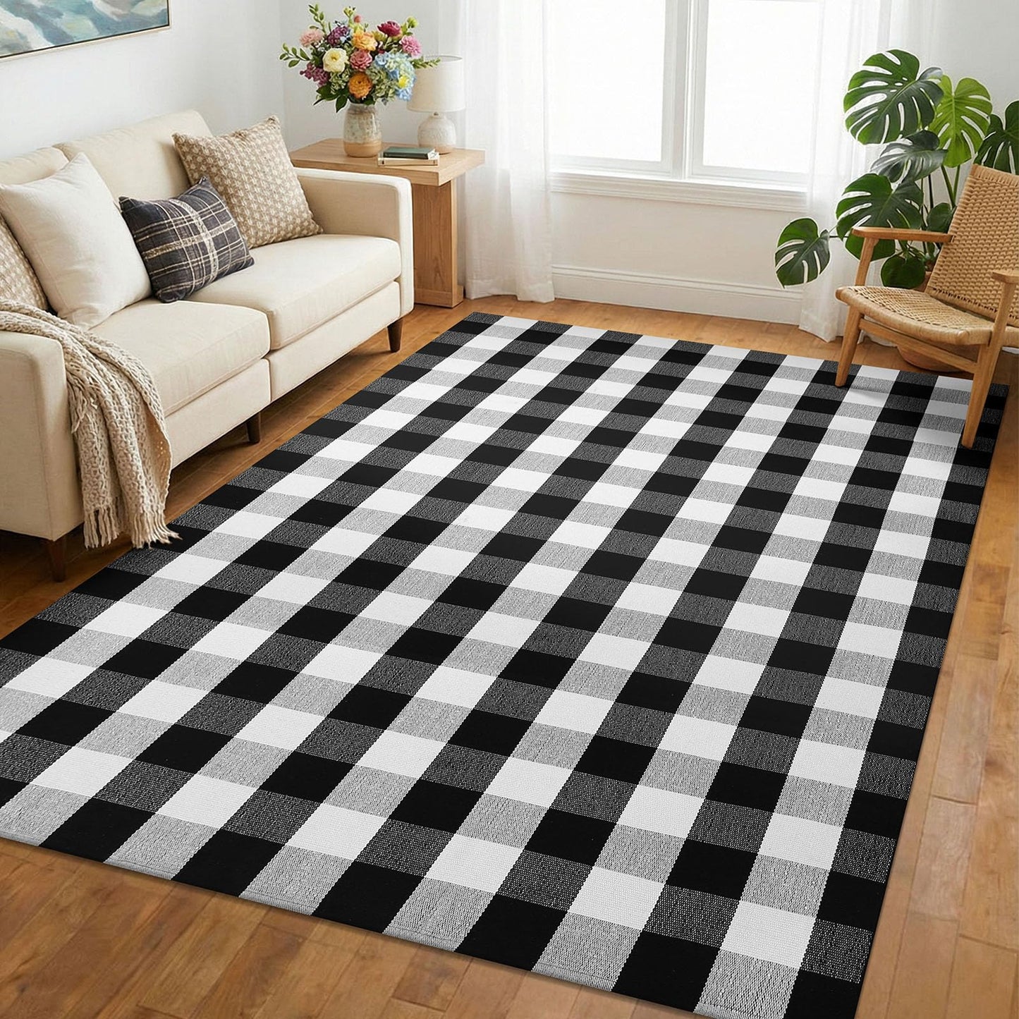 KOZYFLY Buffalo Plaid Area Rug 5x8 Living Room Rug Washable Cotton Black and White Checkered Rugs Outdoor Carpet for Dining Room Bedroom Farmhouse Patio Rugs