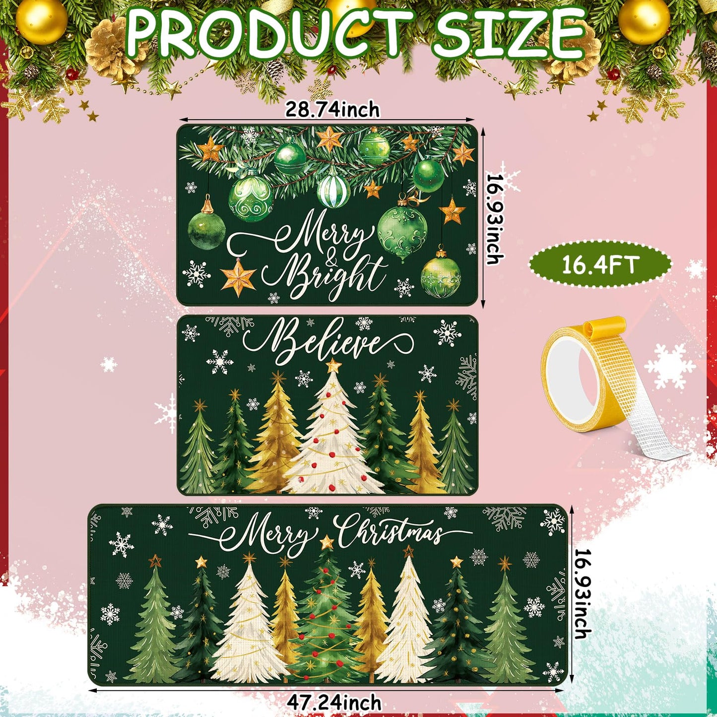 Drydiet 3 Pcs Green Christmas Kitchen Rug and Mat Set Xmas Tree Snowflakes Kitchen Floor Mat Waterproof Non Slip Farmhouse Merry Christmas Doormat Holiday Xmas Decor for Home Office Bathroom Decor
