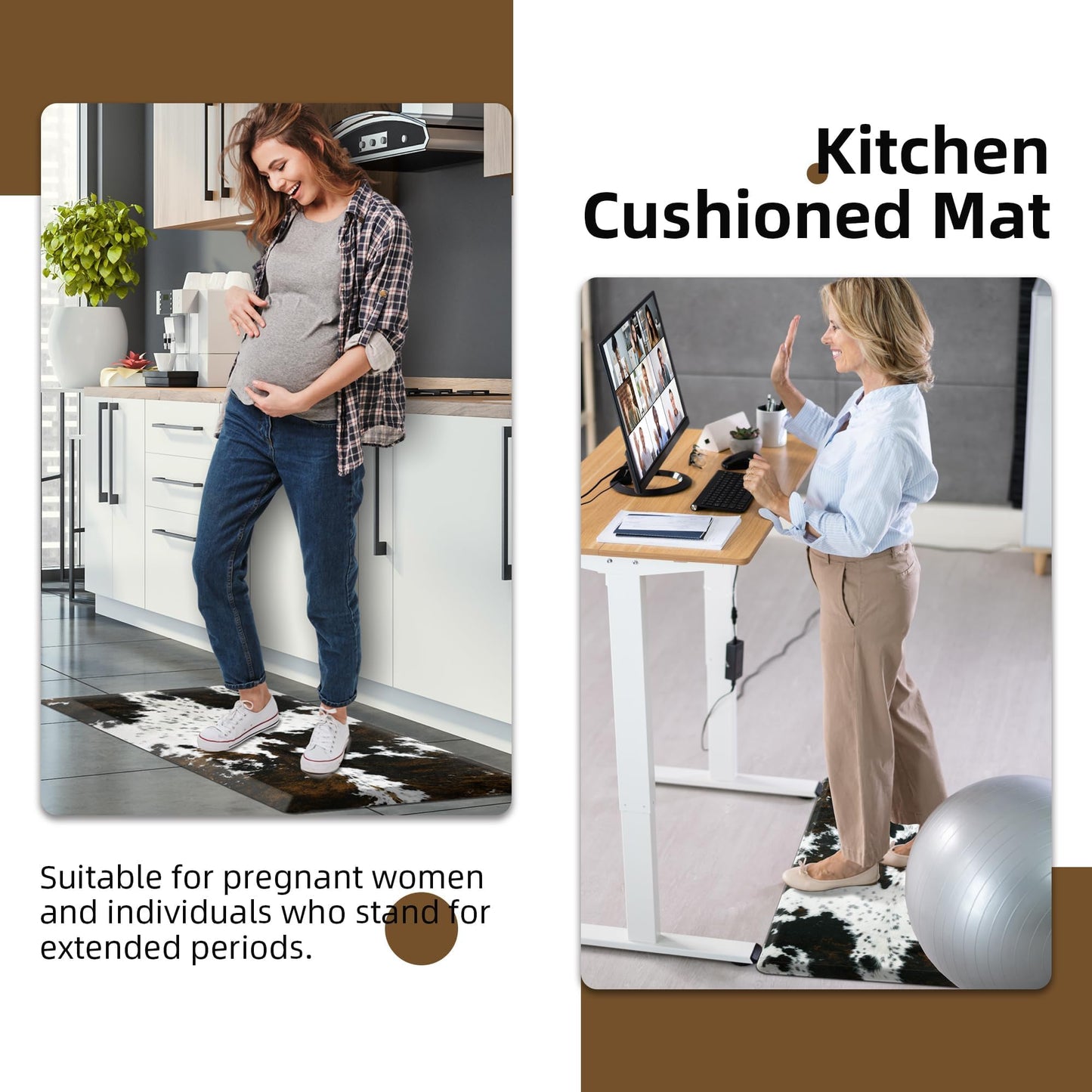 Tyrot Cowhide Kitchen Mat Cushioned Anti Fatigue - 1/2 Inch Thick Western Cow Kitchen Mats for Floor, Non Slip PVC Waterproof Standing Desk Ergonomic Comfort Rugs for Sink, Office, Laundry, 17.3x47