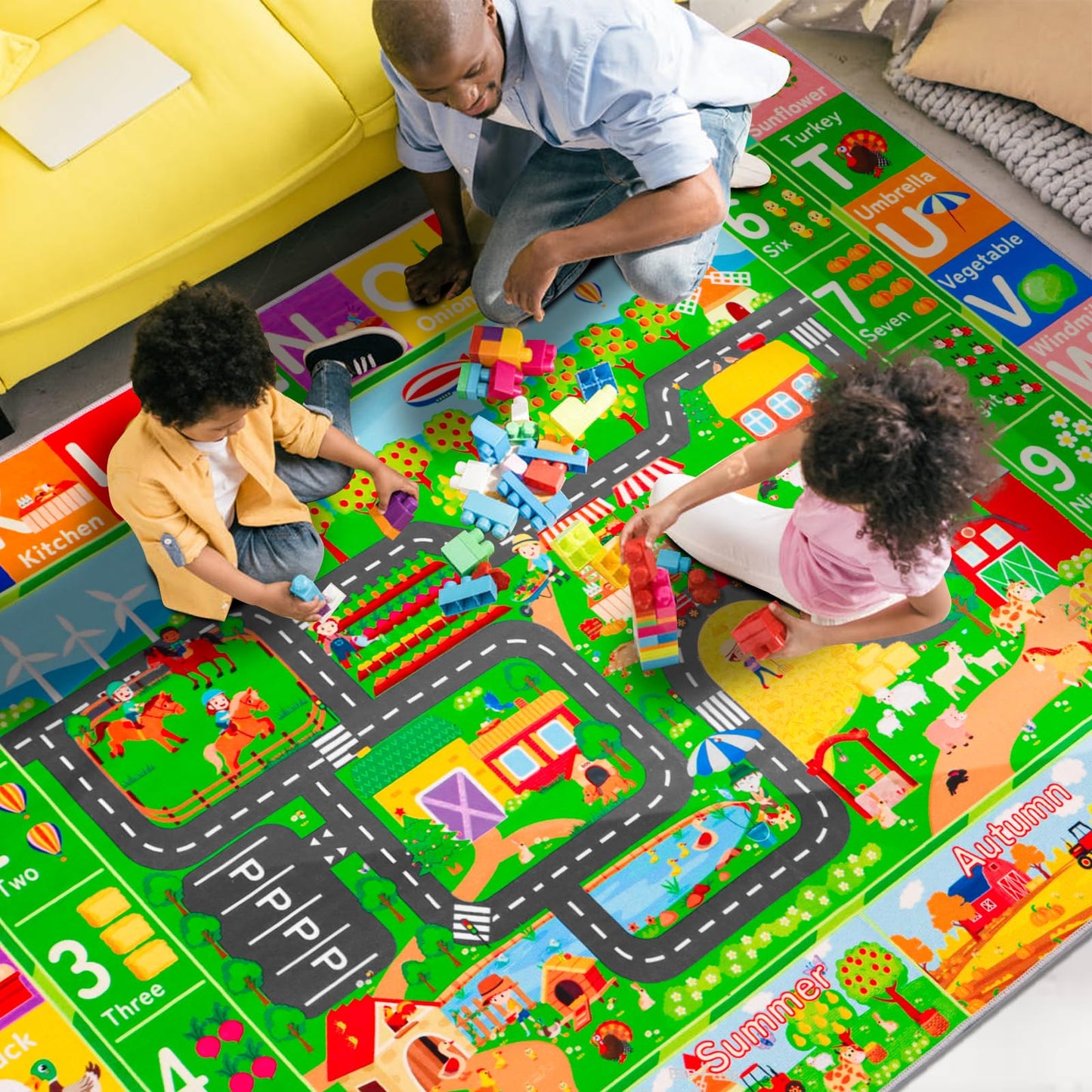 DINSUMRUG Kids Rugs for Toy Cars Playroom 59"×39.4" ABC Farm Life Road Traffic Kids Car Road Rugs Village Map Play Mat for Boys Room Family Tummy Time Playtime Learning Carpet