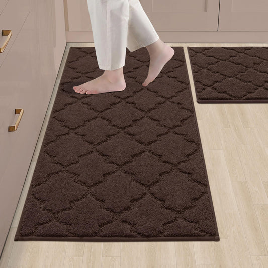 COSY HOMEER Soft Kitchen Rugs [2 PCS] for in Front of Sink Super Absorbent Kitchen Floor Mats and Mats 20x30 Inch/20X48 Non-Skid Kitchen Mat Standing Mat Washable,Polyester,Brown