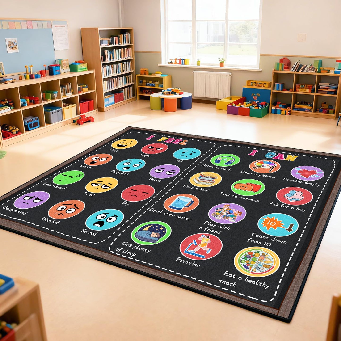 Classroom Rug Elementary 5x7 ft, Calming Corner Rug for Classroom Daycare Preschool, Educational Sensory Emotion Feelings Carpet, Smiley Face Kids Play Mat for Playroom, Non-Slip Washable(Black)