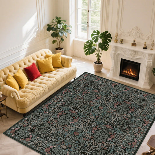 shinefly 9x12 Washable Area Rugs for Living Room, Stain Resistant Vintage Rugs for Dining Room Under Kitchen Table, Bedroom, Floral Low Pile Non-Slip Large Carpet (9 x 12 Dark Green)
