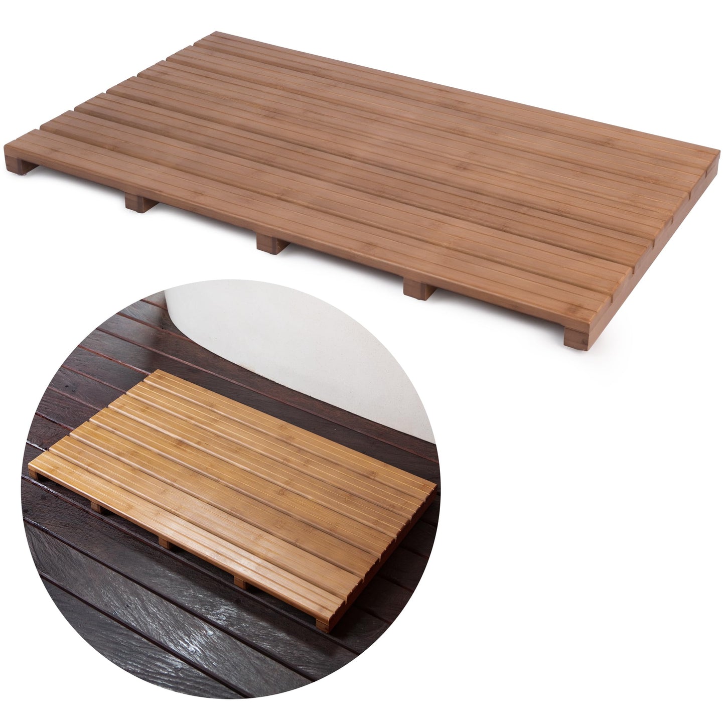 Large Walnut Bamboo Bath Mat – Non-Slip Design Sauna Floor Mat, Secure Grip Pads, Water-Resistant Coating, Durable for Indoor/Outdoor Use, Bamboo Decor