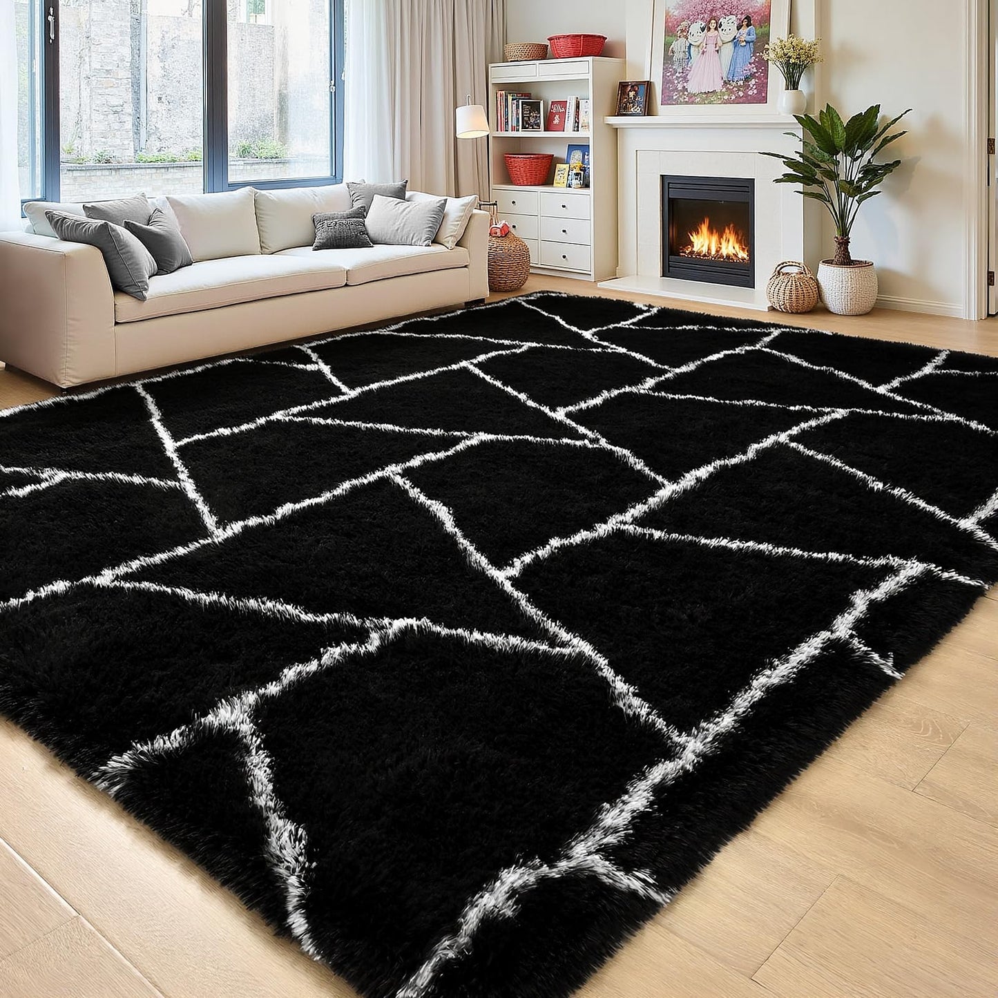 FALARK Fluffy Area Rugs for Living Room Bedroom, Modern Geometric 4x6 Feet Black Rug, Soft Plush Shaggy Fuzzy Floor Bedside Carpet for Nursery Kids Girls Boys Teen Dorm Home Office Decor