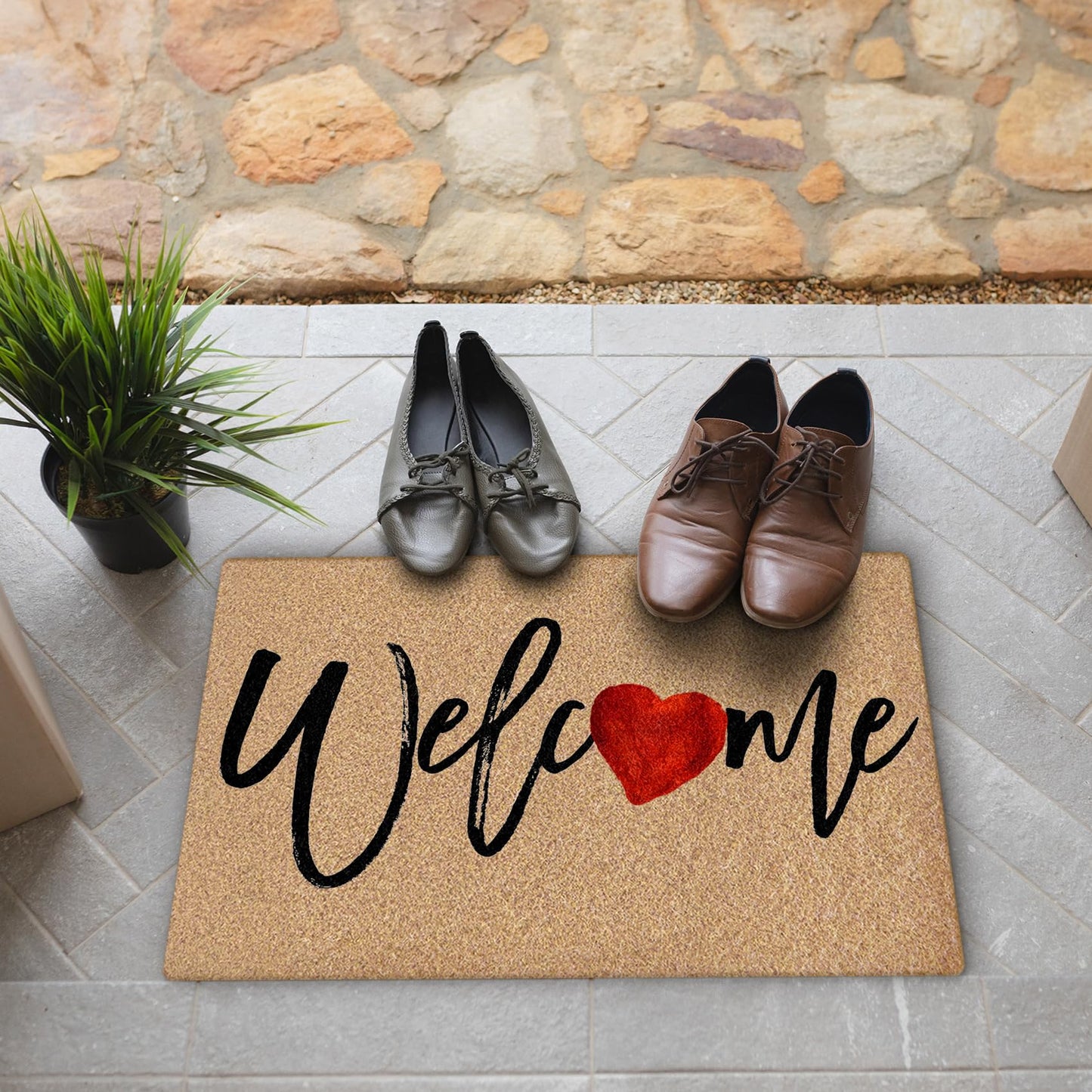 BitKAM Welcome Love Heart Coco Coir Doormat Door Welcome Mat for Home Entrance Front Door, Valentine Love-Heart Anniversary Valentine's Day Floor Mats for Outdoor Outside Entryway 30x17 Inch