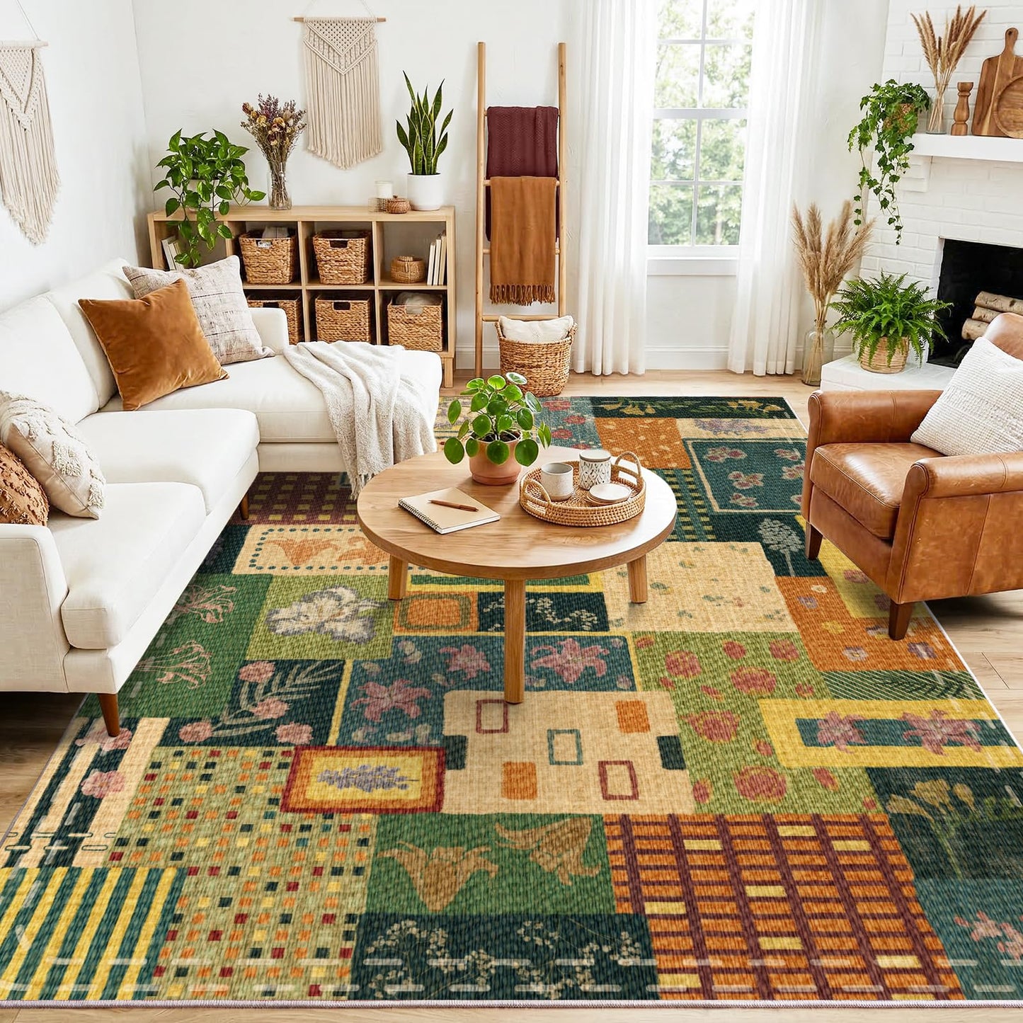 Flowers Patchwork Abstract 8x10 Area Rug, Green Soft Faux Wool Geometric Rugs for Living Room, Non Slip Low Pile Washable Indoor Carpet Rug for Bedroom, Entryway, Dining Room, Home Office Decor