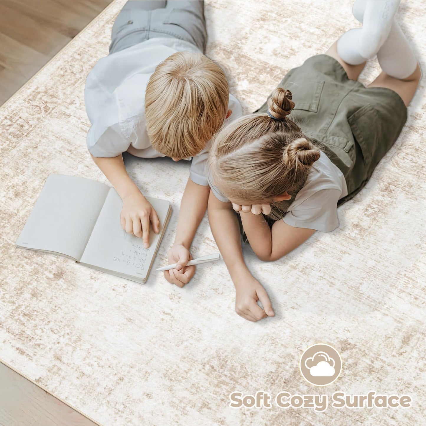 VECARF Area Rug 6x9 Washable Rug, Vintage Boho Medallion Rugs Non-Slip Soft Low Pile Large Distressed Rug Indoor Retro Carpet for Living Room Bedroom Dining Room Home Office (Beige, 6'x9')