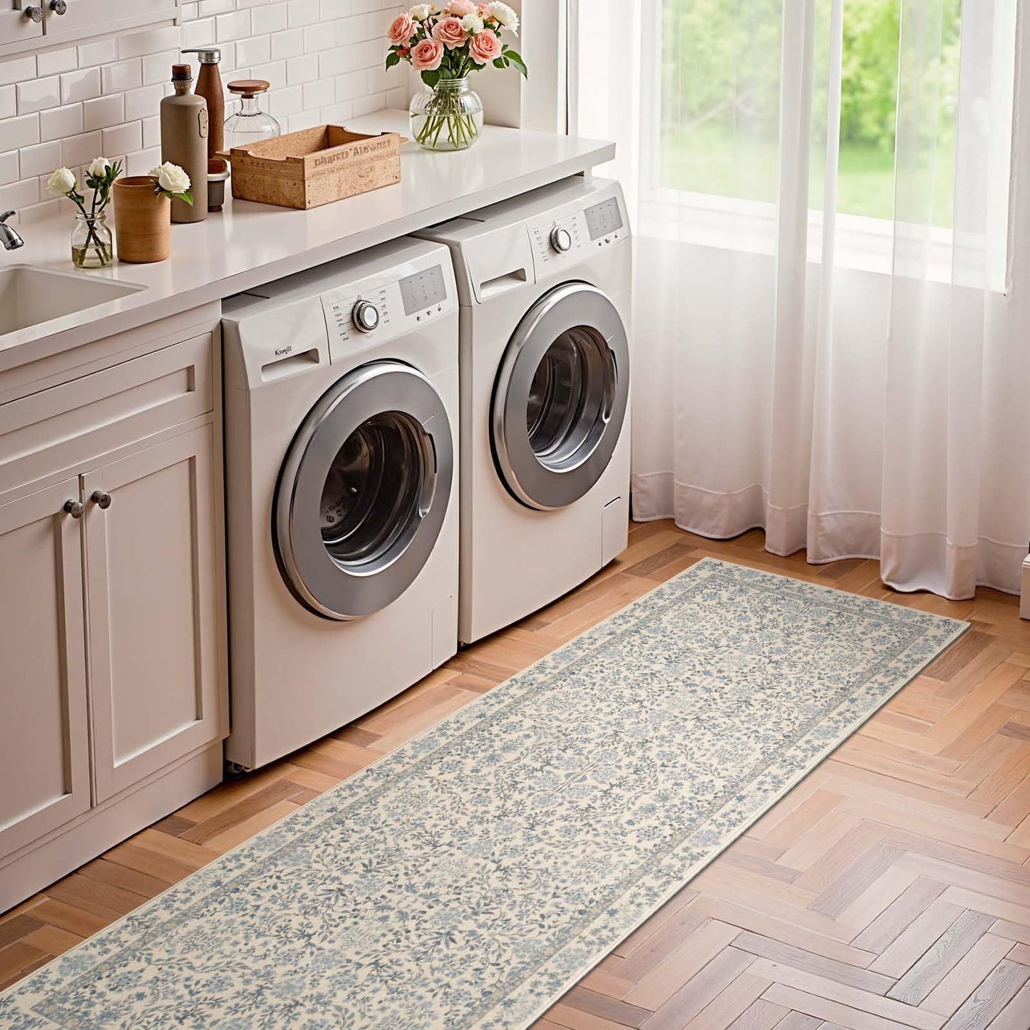 jinchan Zenith Floral Runner Rug 2x6 Washable Kitchen Runner Non-Slip Low-Pile Soft Carpet Runner Botanical Throw Rug for Entryway Laundry Room Hallway Bedroom Blue/Cream