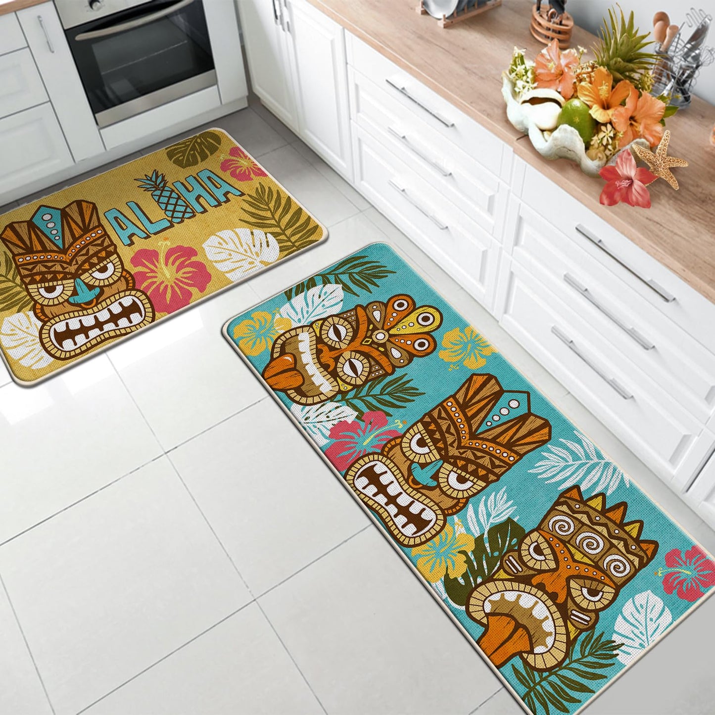 Tailus Aloha Summer Tiki Kitchen Rugs Set of 2, Tropical Palm Leaves Yellow Blue Kitchen Mats Decor, Hawaii Hibiscus Flower Pineapple Seasonal Floor Door Mat Home Decorations -17x29 and 17x47 Inch