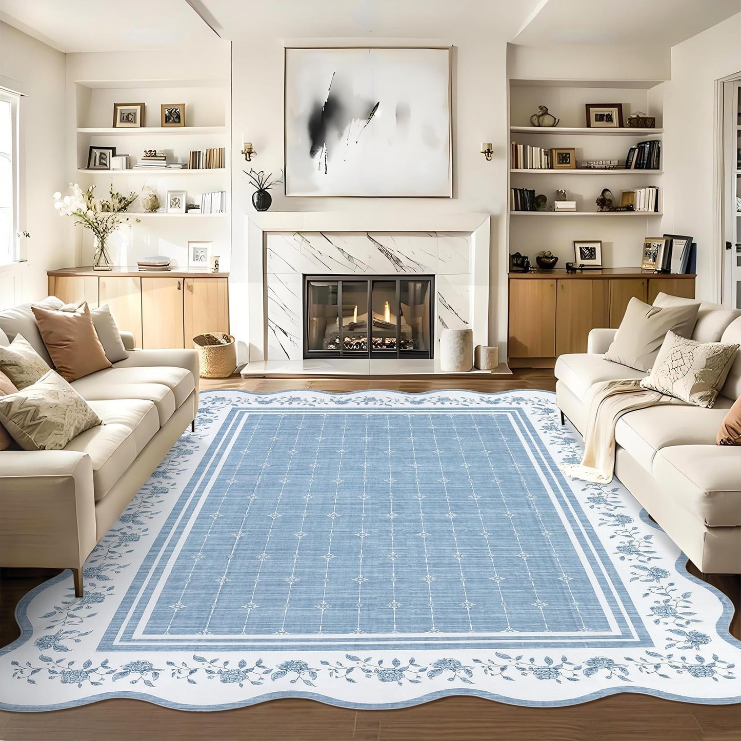 Garvee Washable Rugs for Living Room 8x10 Area Rugs for Bedroom Scalloped Rug Modern Bordered Non Slip Large Kids Bedroom Carpet Indoor Stain Resistant Floor Cover for Dining Room Office Nursery Blue