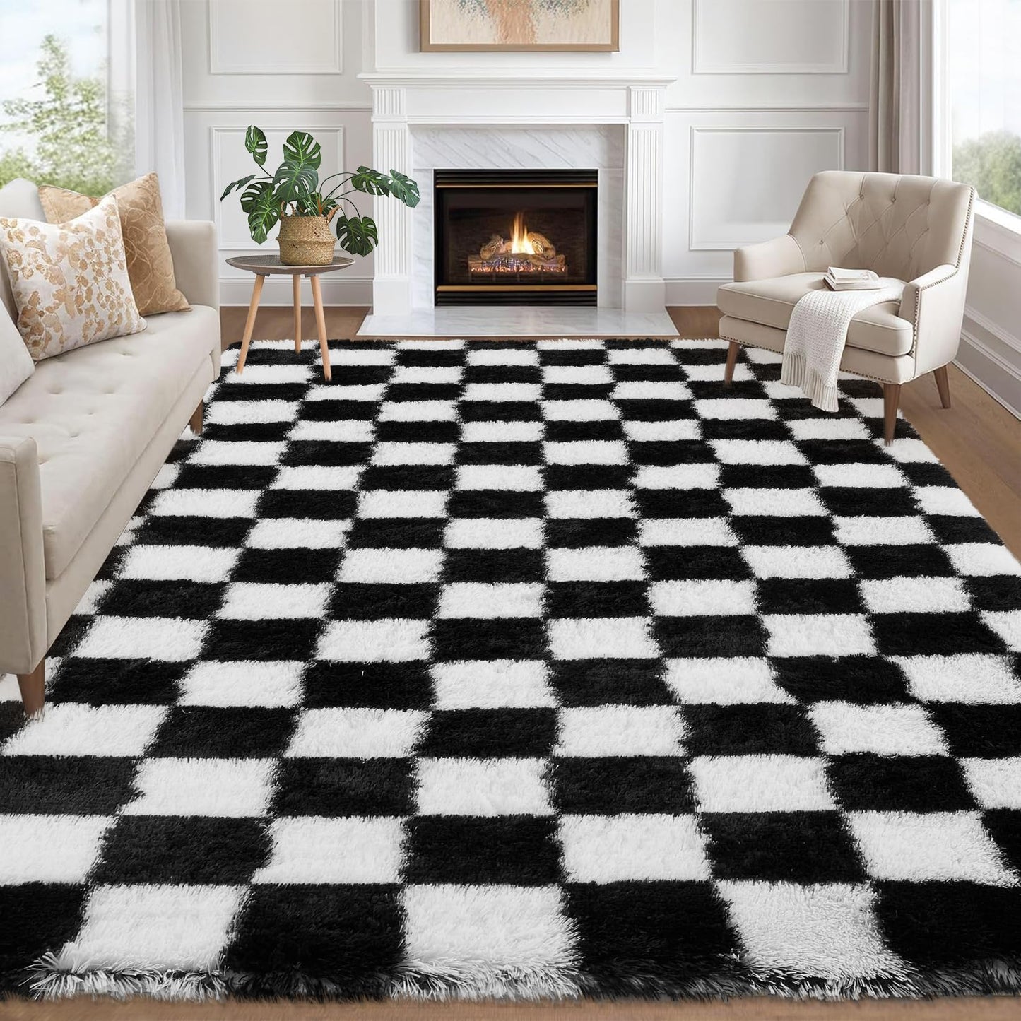 Garvee Checkered Area Rug 9x12 Large Rug Thick Super Soft Shaggy Rugs Fluffy Carpet Fluffy Fuzzy Shag Washable Rugs for Living Room Nursery Bedroom Luxury Playroom Teen Plush Carpets,Black and White