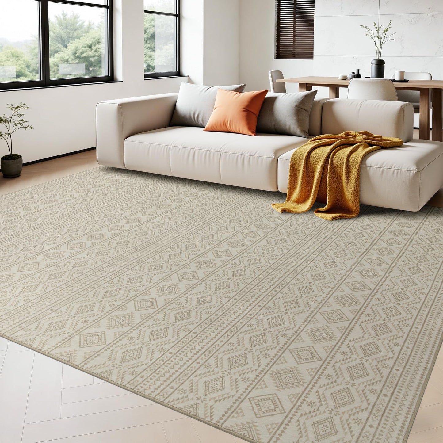 Joydeco 5×7 Area Rugs for Living Room, Non-Slip Boho Moroccan Soft Washable Rug, Low Pile Carpet for Bedroom, Dining Room, Home Office, Pet & Child Friendly, Cream&Dark Brown