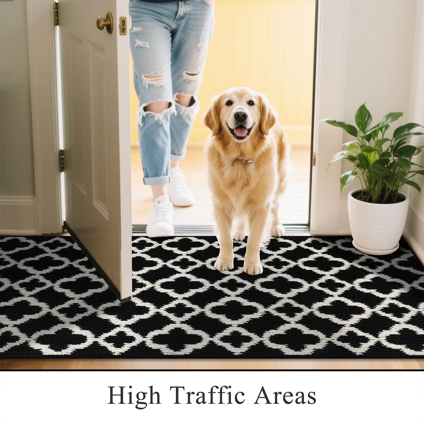 U'Artlines Washable Hallway Runner Rug 2x6', Non-Slip Basketweave Modern Geometric Kitchen Runner, Low Profile Entryway Rug for Indoor, Laundry Room & Bathroom Black and White