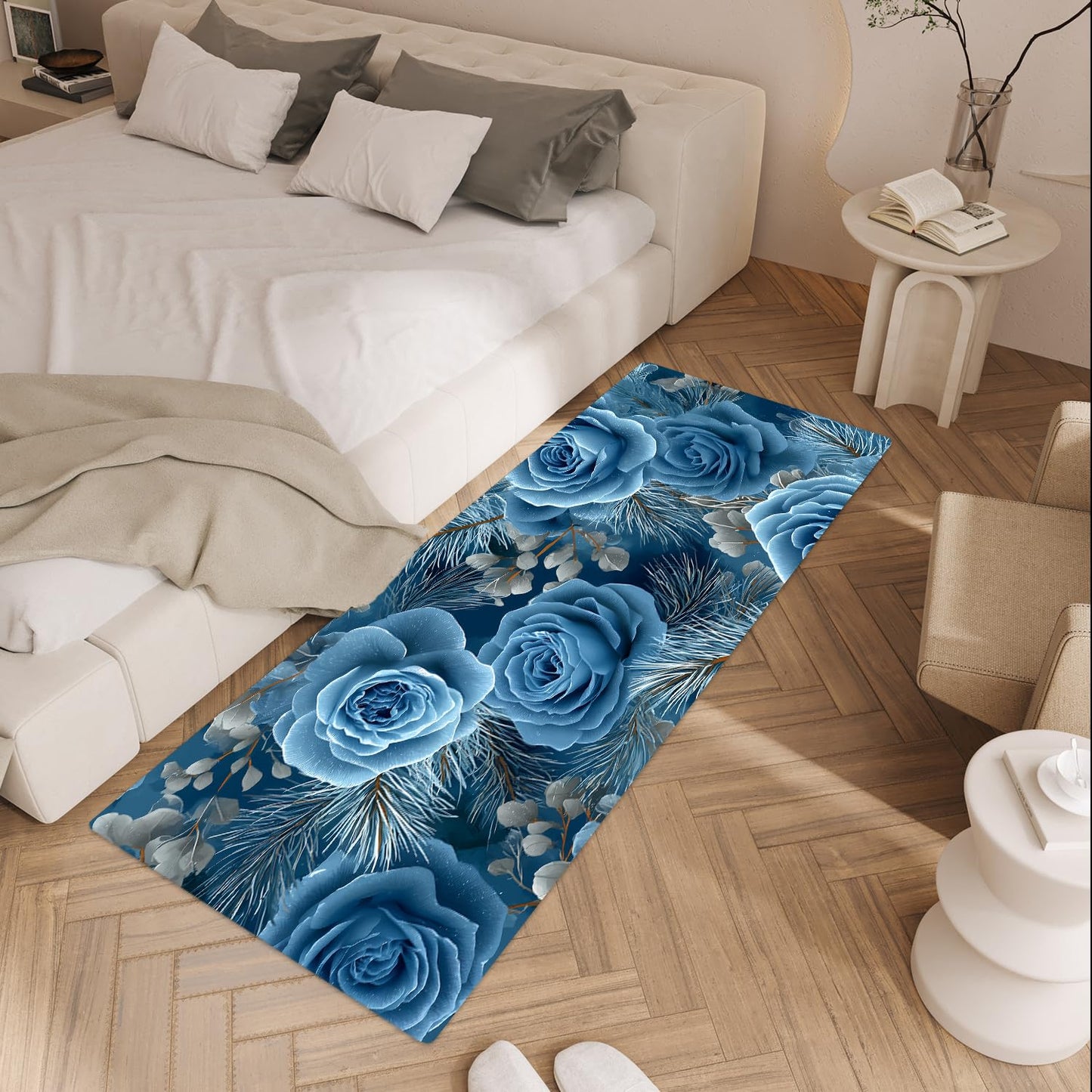 Blue Rose Laundry Room Rug 20x47 Inch – Non-Slip Winter Floral Runner Mat for Laundry Room, Entryway, Christmas Decor