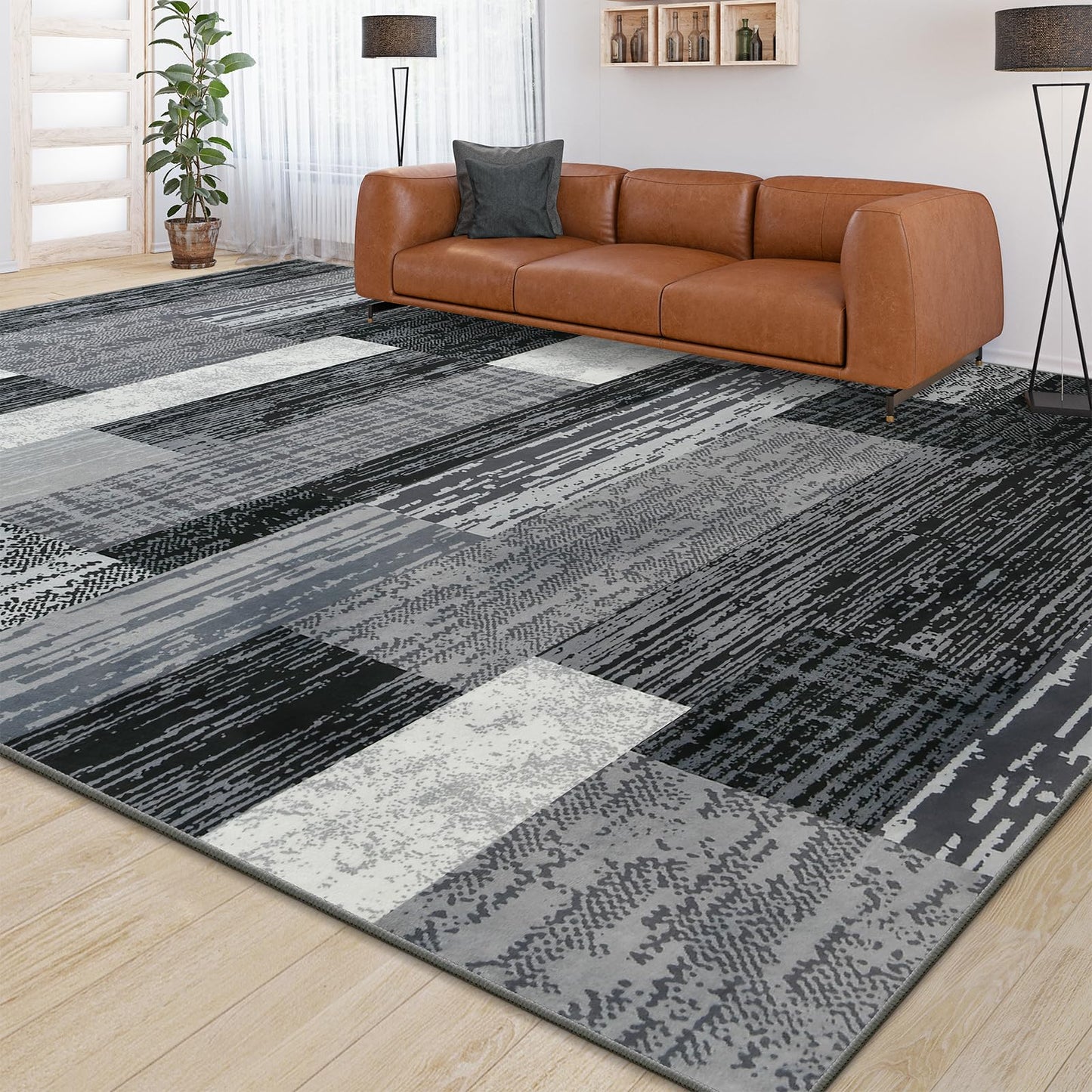 Large Area Rugs,Modern Geometric Patchwork Floor Decor for Bedroom Aesthetic Carpet, Rockwood Collection, Indoor Rugs for Living Room, Dining Room, Nursery, Office, Machine Washable Rug,4x6 Ft Grey