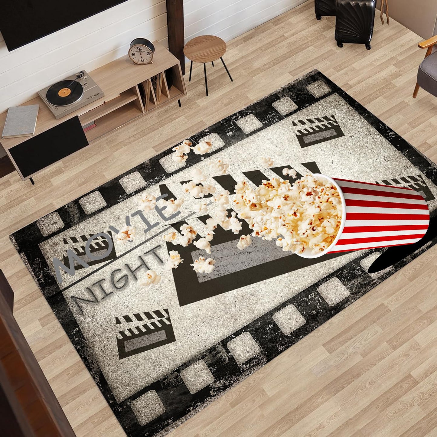 Movie Area Rug, 2x3ft Cinema Themed Rug, Indoor Entrance Non-Slip Mat, Kids Playroom Washable Carpet, Popcorn Clapboard Movie Night Carpet for Living Room Entertainment Home Theater Area