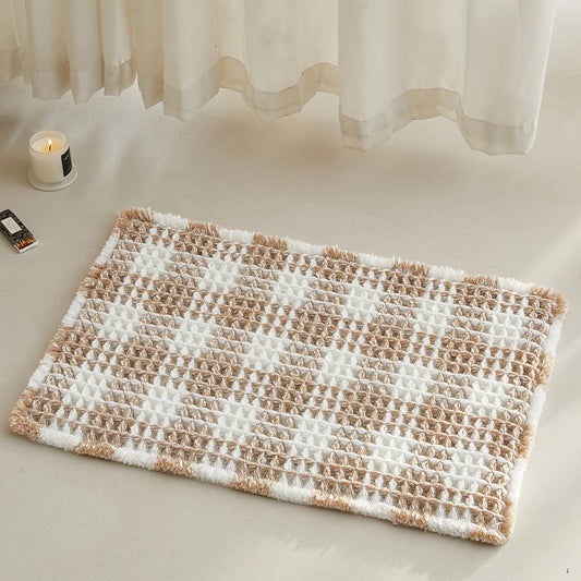 TYUU Waffle Bath Mat, Boho Bathroom Rugs Non Slip Washable Absorbent Checkered Bathroom Mat Quick Dry Farmhouse Bathroom Decor, 24"x16" Khaki and White