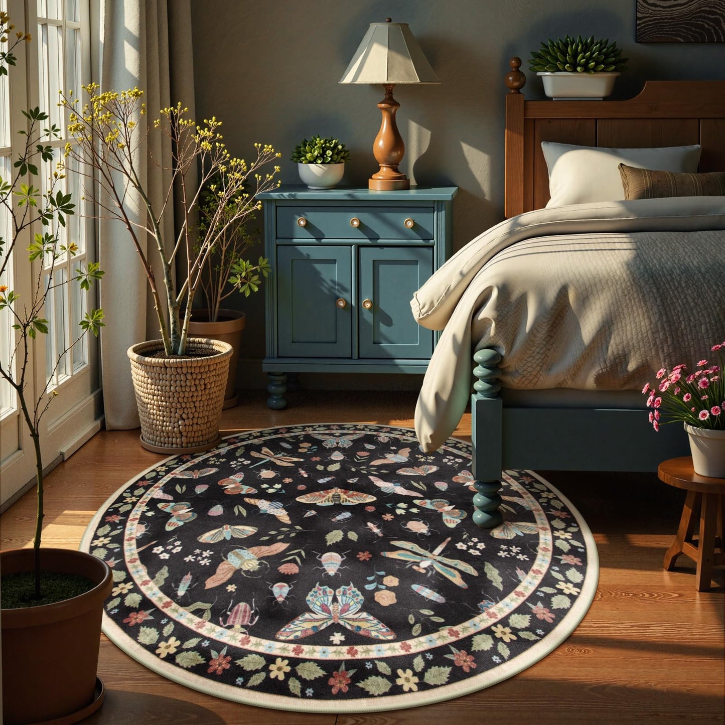 Lahome Insect Washable Round Rugs, Non-Slip Soft Round Rug 4ft Ultra-Thin, Small Boho Circle Carpet for Entryway Kitchen Bedroom Nursery Bathroom Vionnet, Black