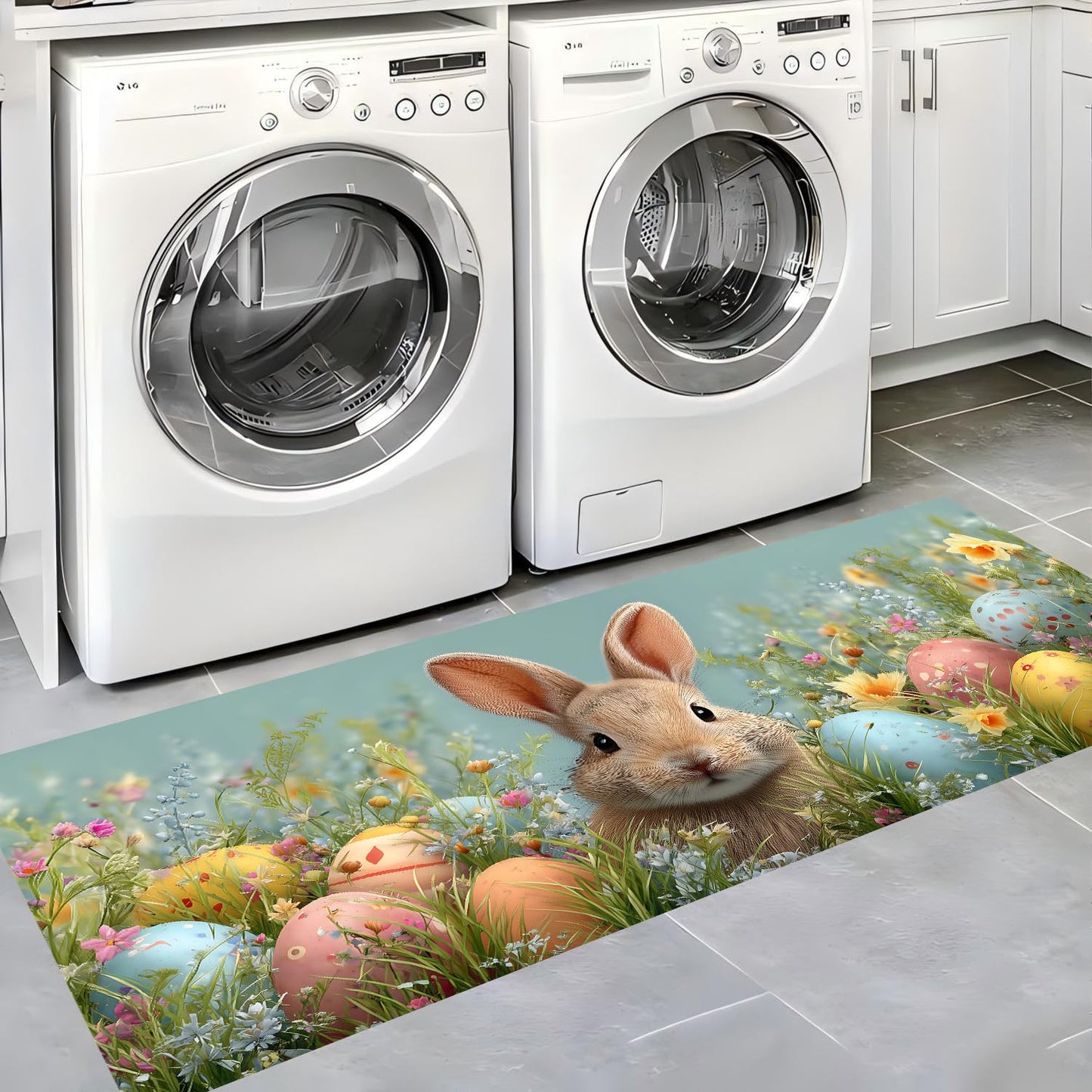 LEIWEIHOPE Runner Rug 20x47 inch, Non-Slip Waterproof Laundry Room Rug,Spring Summer Holiday Kitchen Runner with Festive Designs,Indoor Decorative Mat for Home (Rabbit, 20x47 inch)