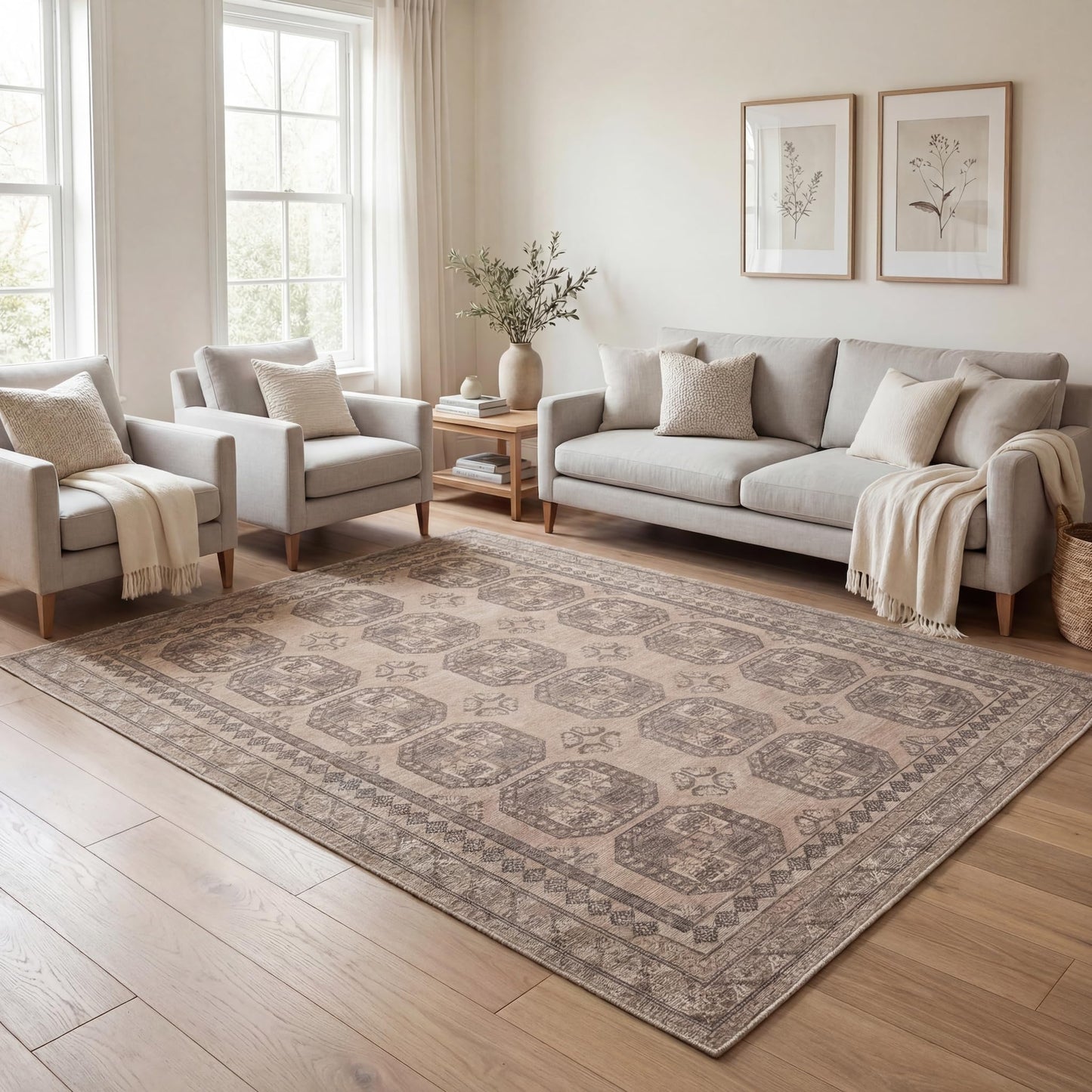 Kuden 9x12 Large Area Rug, Machine Washable Area Rug with Non-Slip Backing, Vintage Style, Soft, Easy Clean, Low Pile Rug for Living Room, Bedroom, Dining Room