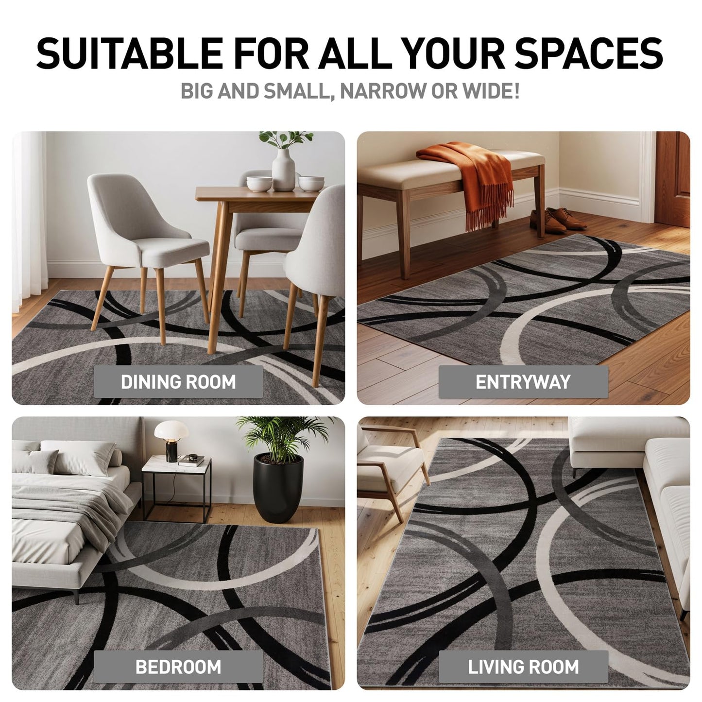Rugshop Wavy Circles Design Area Rug, Fade-Resistant Carpet for Living Room, Dining Room, or Bedroom, Gray, 5'3" x 7'3"