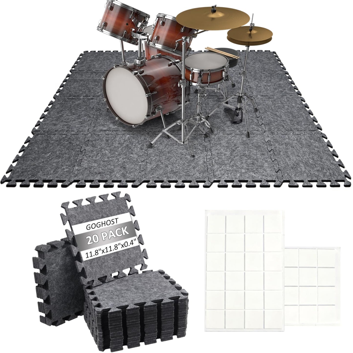 GOGHOST 20 PCS Sound Absorbing Interlocking Floor Mats Pads 11.8 x 11.8 x 0.4 Inches, Non-Slip Anti Vibration Sound Proof Puzzle Felt Padding, Drum Rug Soundproof Electrical Pads for Drummers, Gray