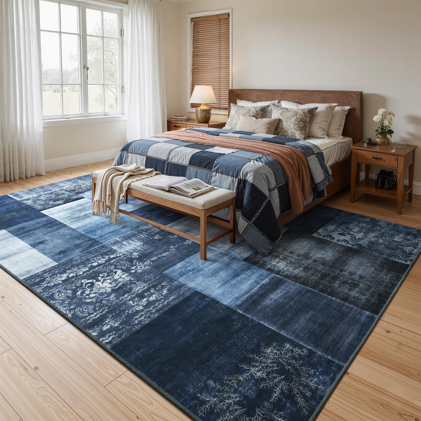 DweIke Washable Area Rugs 6x9 for Living Room, Large Modern Geometric Navy Blue Soft Patchwork Carpet, Non-Slip Stain Resistant Throw Rug for Bedroom Dining Room Office Home Decor