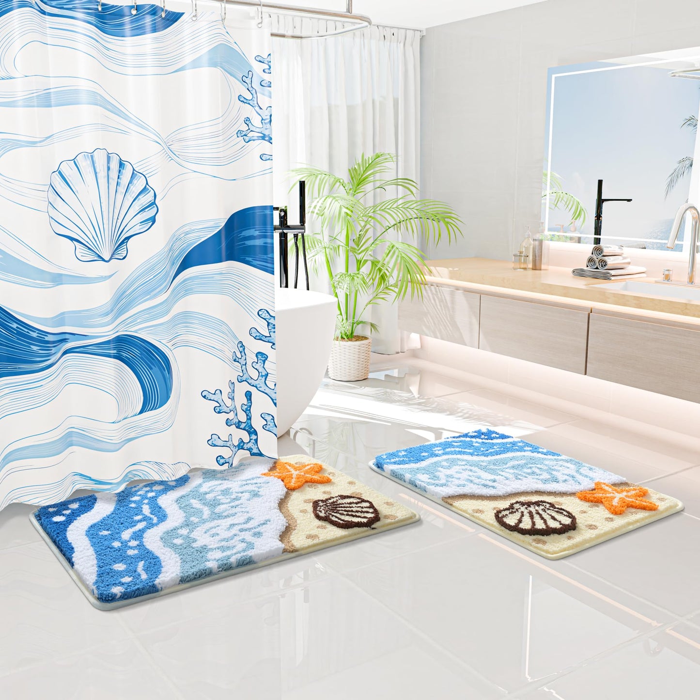 QJHOMO Coastal Bathroom Rugs Beach Ocean Wave Bath Mat Nautical Rug, Cute Colorful Bath Rug 3D Starfish Shell Beachy Theme Bathroom Decor, Soft Microfiber Carpet Non Slip Washable Bathmat(20x32 inch)