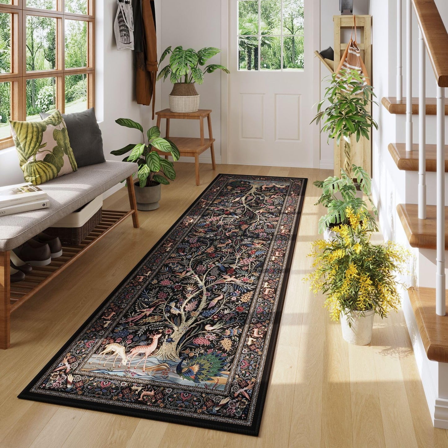 Rugcomf Runner Rug 2x6 Vibrant Tree of Life-Patterned Vintage Kitchen Rugs Non Slip Washable Soft Carpet Runner for Laundry Bedroom Bathroom, Black