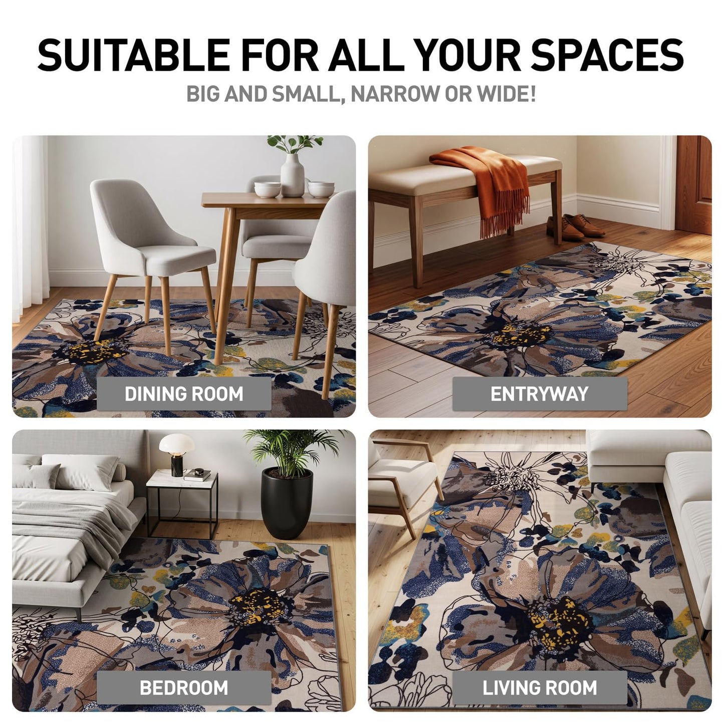 Rugshop Cream Bright Flowers Non Slip Non-Shedding Round Area Rug for Living Room, Dining Room and Bedroom, 8'