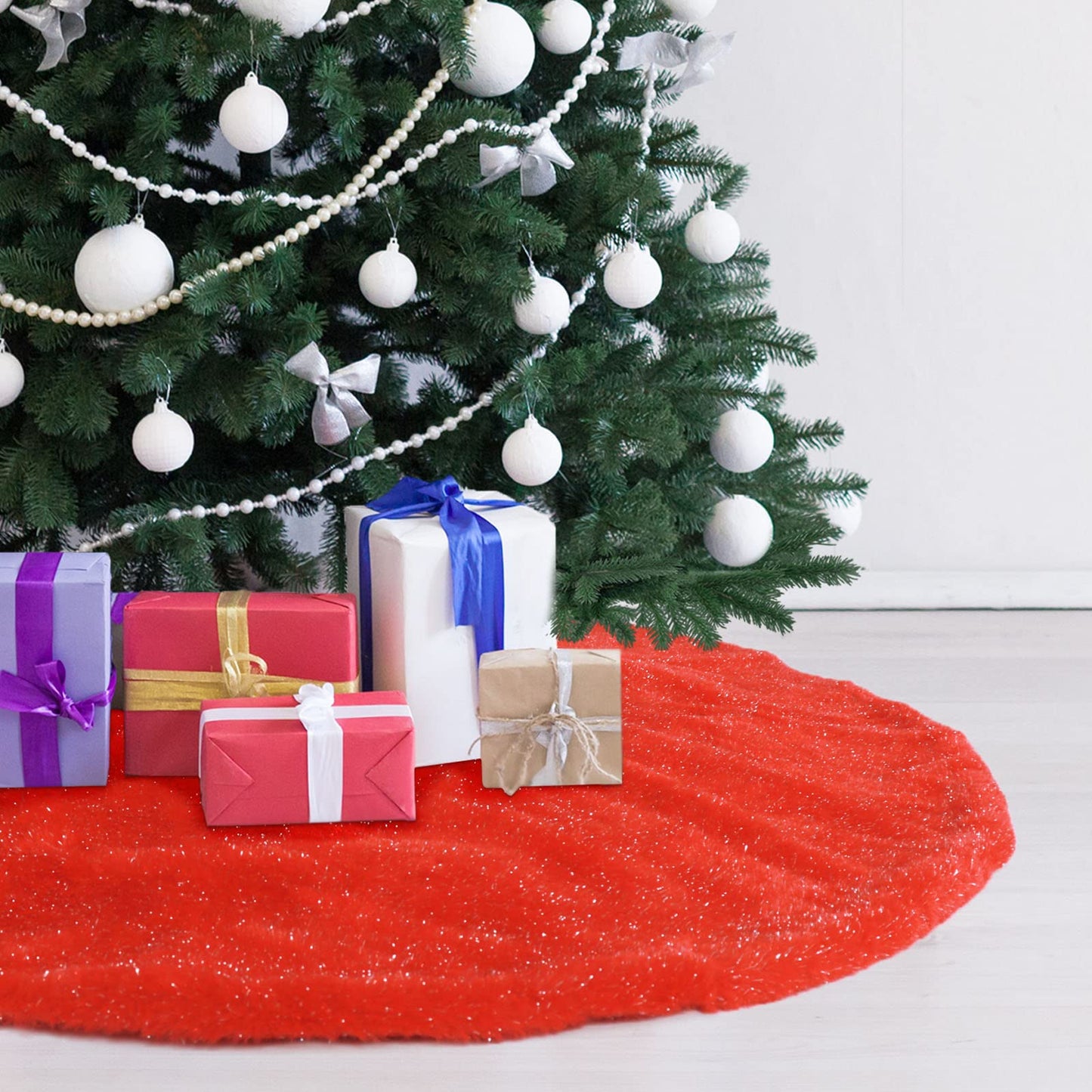 Atiming 30 Inches Red Christmas Tree Plush Skirt with Shiny Streamers Faux Fur Xmas Tree Skirt Base Cover Mat for Christmas Tree Holiday Home Party Decorations - 78cm