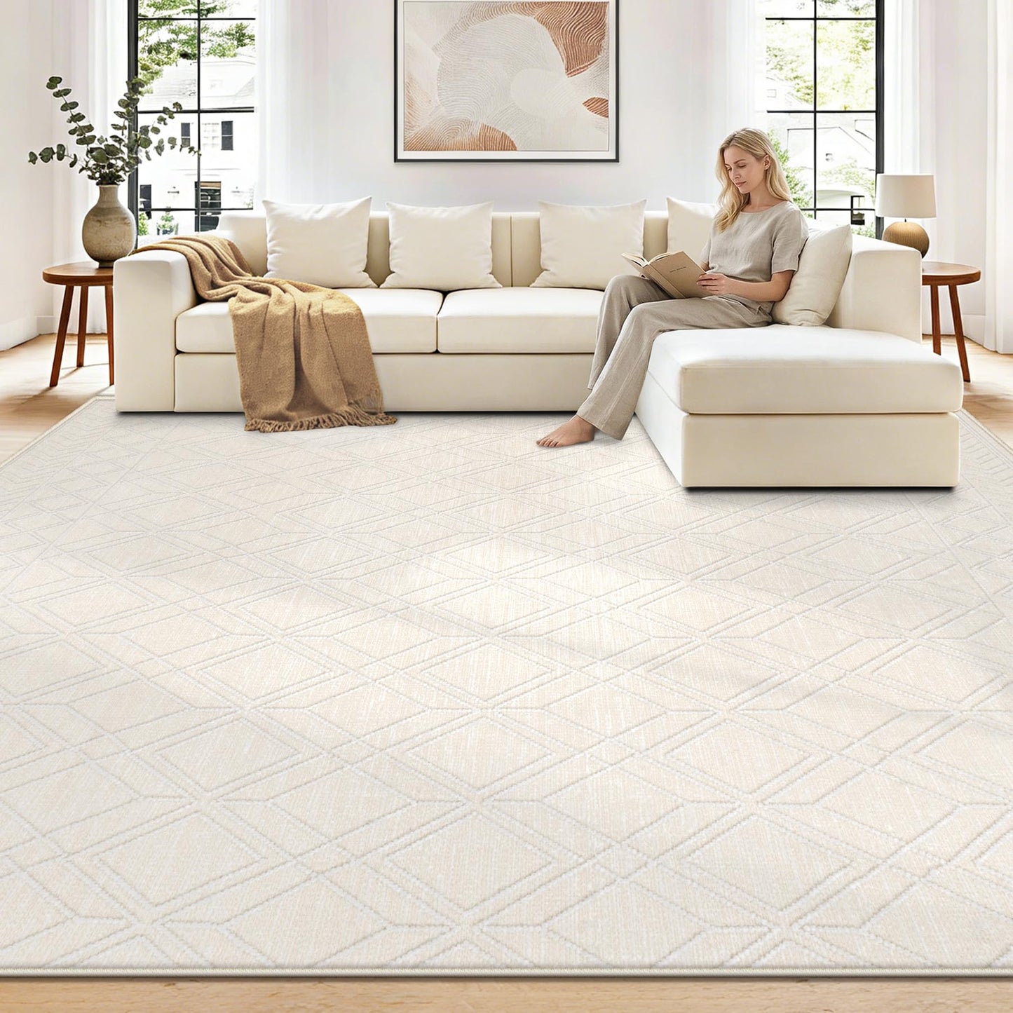 8x10 Area Rugs Washable Rug: Geometric Moroccan Farmhouse Rugs Large Living Room Rug Modern Neutral Soft Non-Slip Printed Pattern Carpet for Bedroom Dining Room Nursery Office (Beige, 8'x10')