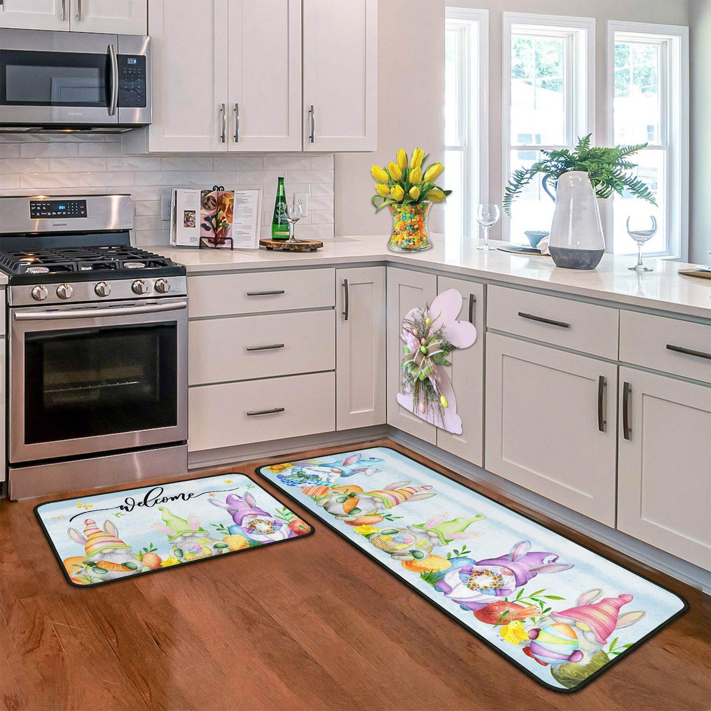 flippana Easter Kitchen Rugs and Mats for Floor Non-Slip Backing Easter Gnome Mat Easter Decorations for Home Welcome Spring Kitchen Rug Sets with Runner (Happy Easter 06, 17"x47.2"+17"x30")