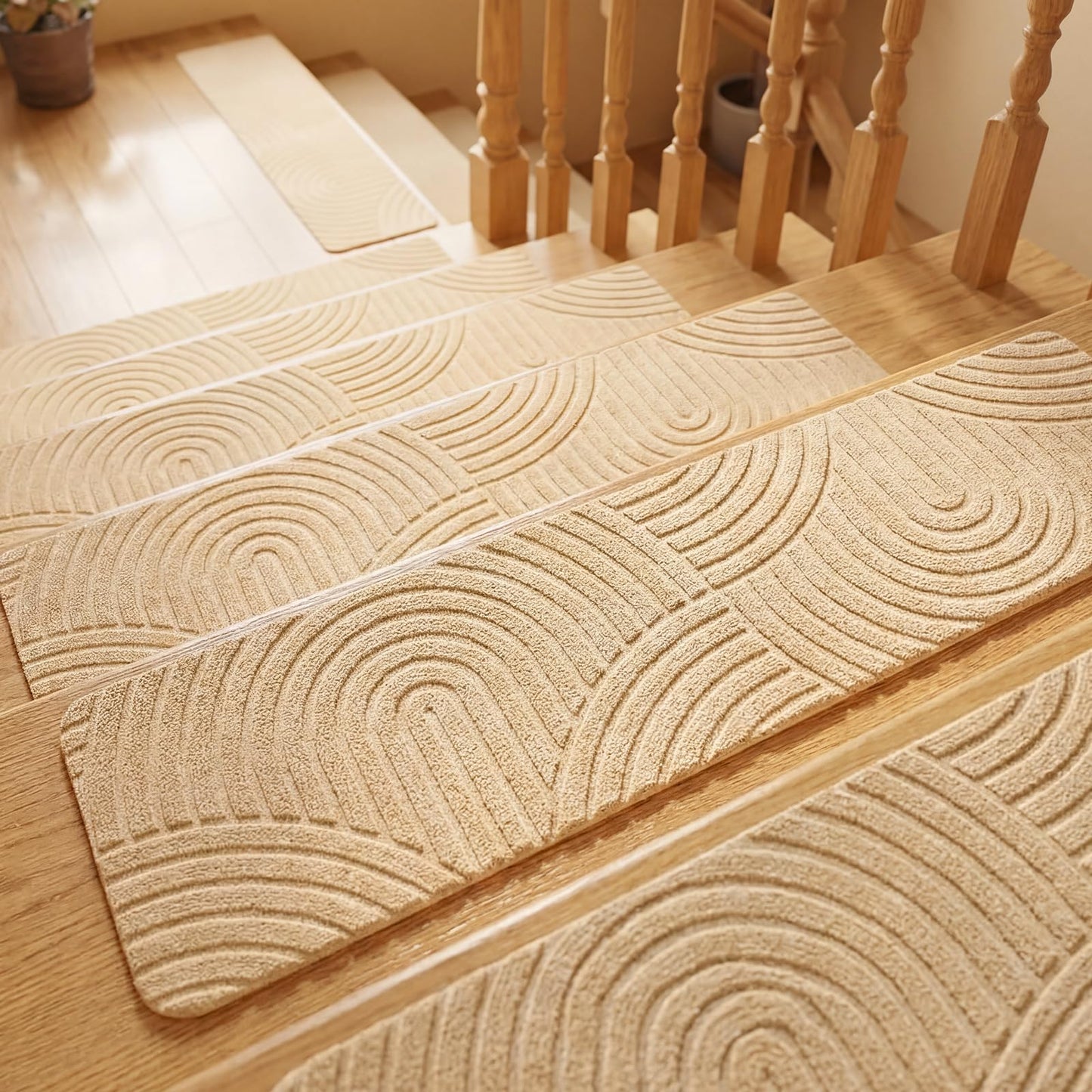 Dunzy 15 Pcs Boho Stair Treads for Wooden Steps Indoor 8" x 30" Non-Slip Carpet Stair Treads, Washable Adhesive Runner Rugs, 3D Peel and Stick, for Elders and Dogs, Pets, Khaki