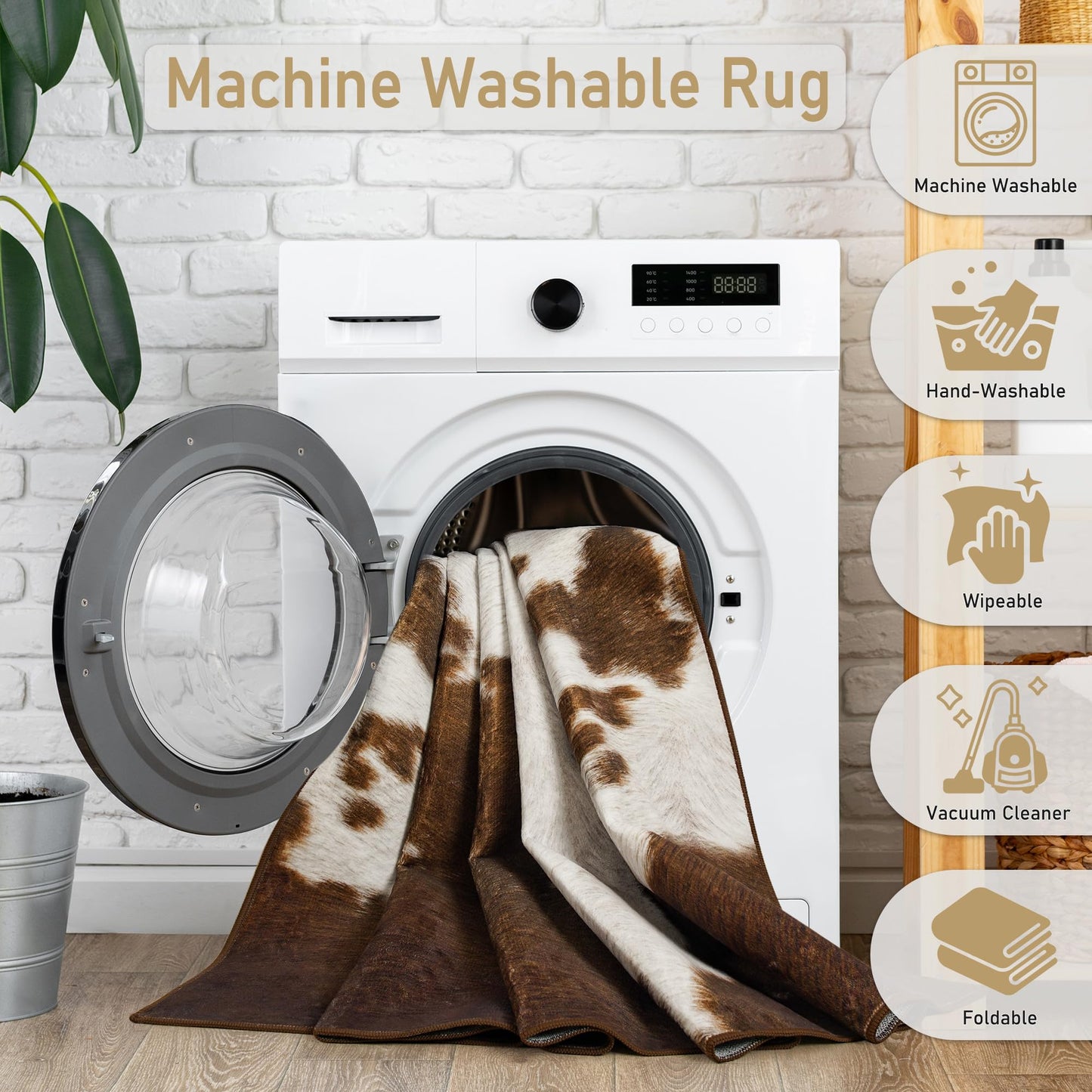 Foxmas Area Rugs for Living Room, 5x7 Feet Cow Print Washable Rug, Non-Slip Low Pile Indoor Floor Cowhide Animal Rug, Carpet for Bedroom Dining Room Laundry Room Western Kitchen Home Office