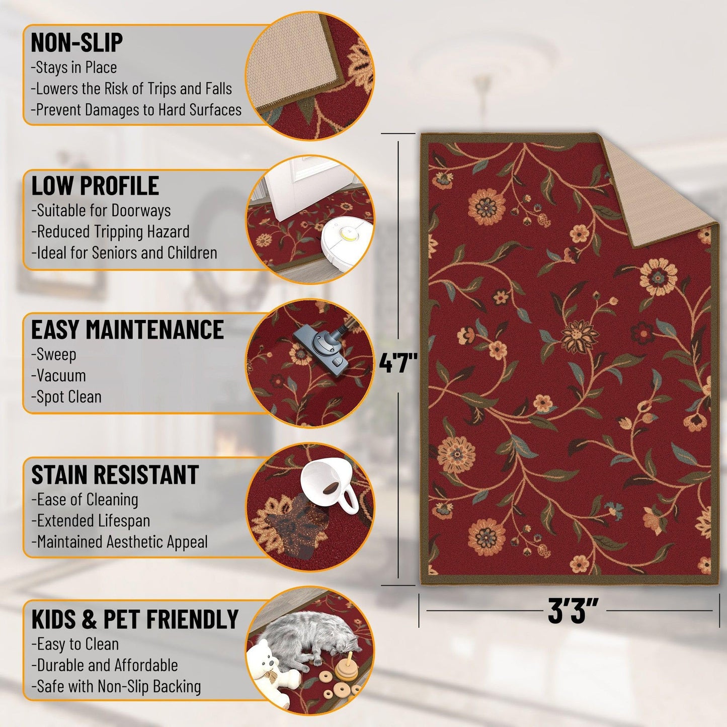 Ottomanson 3'3" x 4'7" Rugs for Living Room Floral Area Rug for Bedroom - Non Slip Durable Large Floor Carpet for High Traffic Areas - Indoor Rug for Dining Room Kitchen Kids Playroom, Red