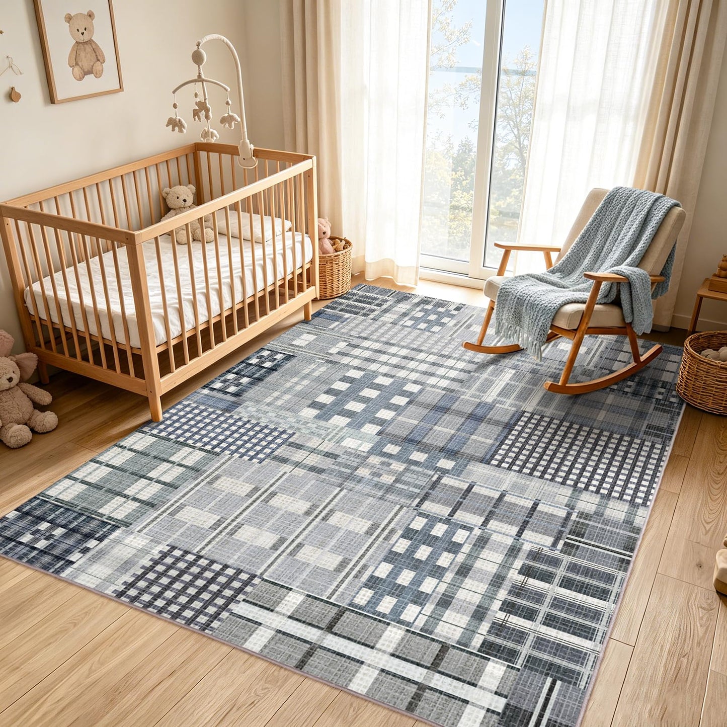 Rezutan Modern Geometric Plaid Distress Indoor Area Rug for Living Room, Blue Gray 5X 7 FT Large Rug Hardwood Floors Decor for Bedroom, Checkered Throw Carpet for Office Entryway Dining Room